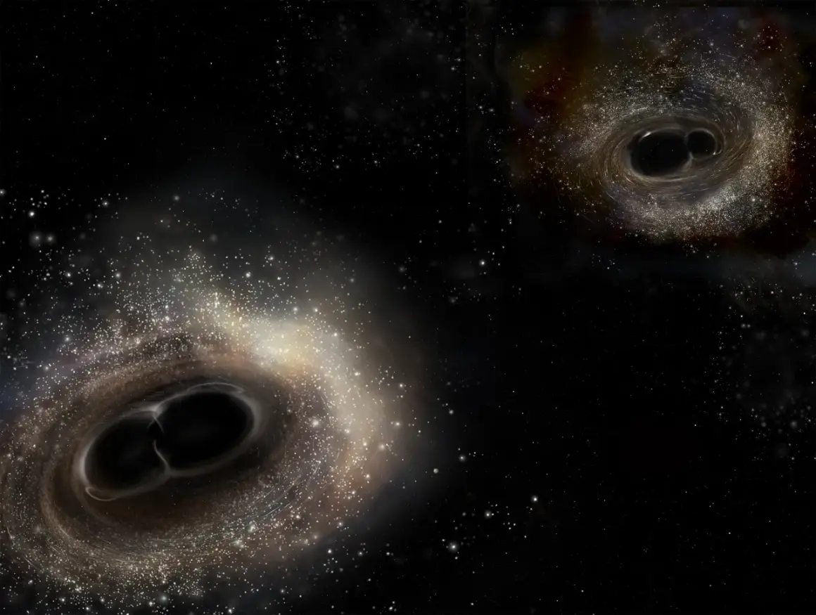 Två par svarta hål dras mot varandra i en virvel av stjärnor. Denna kosmiska dans av svart materia är hisnande.