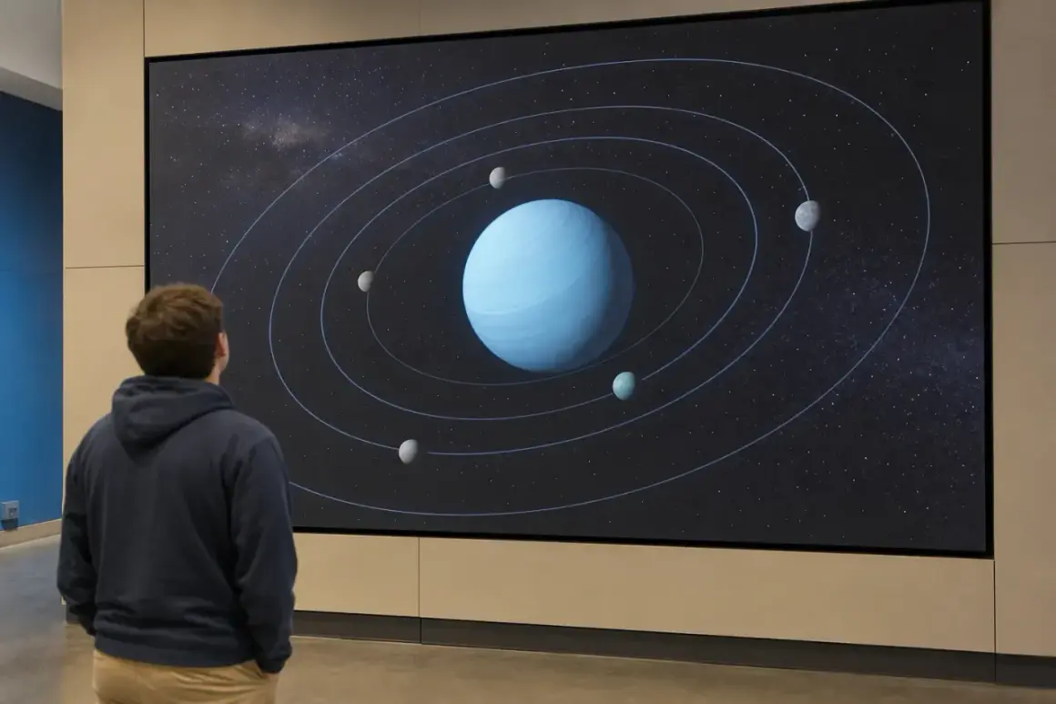 En person tittar på en stor skärm som visar uranus omloppsbana runt solen, med flera månar som kretsar kring planeten.