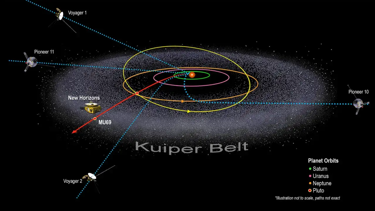 Rymdsonden New Horizons f&auml;rdas genom Kuiperb&auml;ltet, f&ouml;rbi Pluto. Voyager- och Pioneer-sonderna utforskar ocks&aring; solsystemets yttre delar.