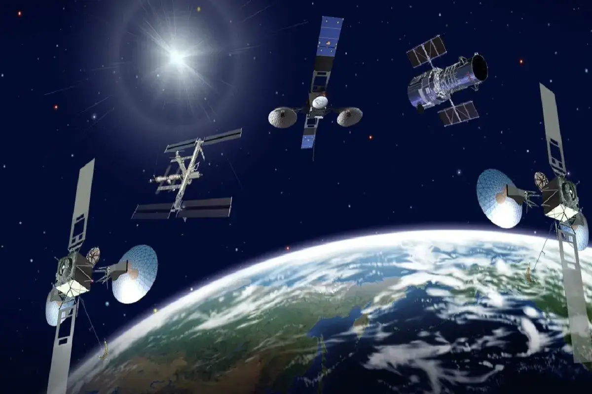 Satelliter och rymdstationer kretsar kring jorden, en vision av framtiden inom Saab aerospace.