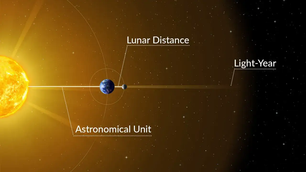 Solen, jorden och månen visas. Avstånden jämförs: astronomisk enhet, månens avstånd och ett ljusår.