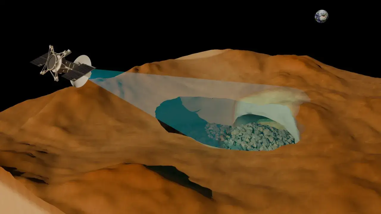 Rymdsond unders&ouml;ker en grotta p&aring; Venus yta, fylld med stenar och vatten. Jorden syns i fj&auml;rran.