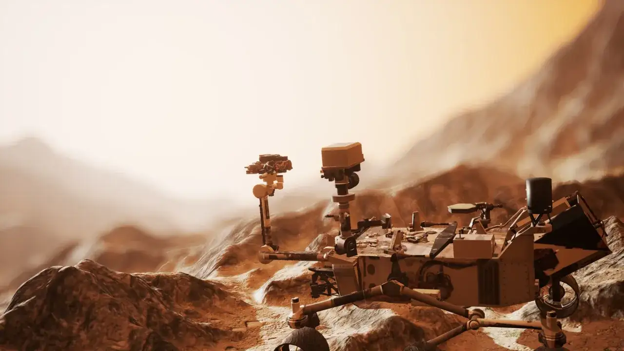 En rymdfarkost på Mars utforskar den röda planetens karga landskap.