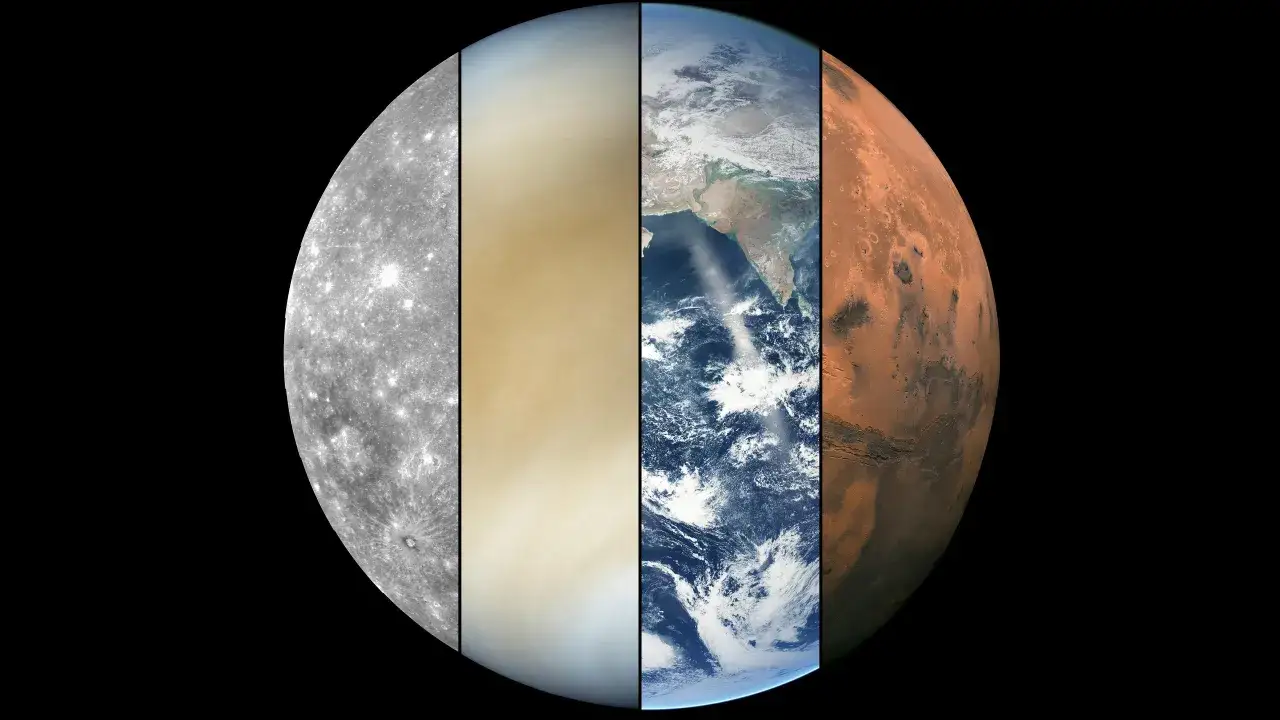 Merkurius, Venus, Jorden och Mars visas sida vid sida. Hur m&aring;nga m&aring;nar har Merkurius? Noll.
