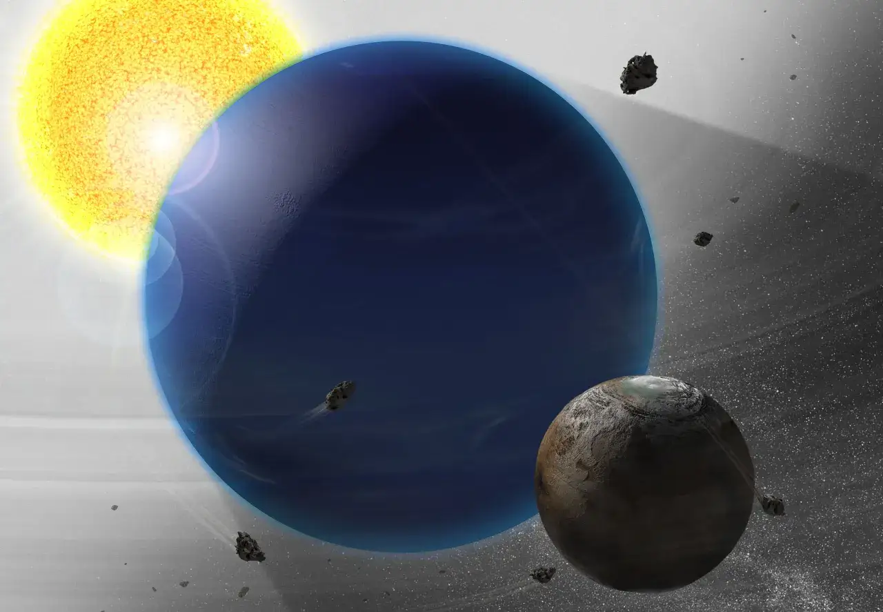 En sol lyser upp en bl&aring; gasj&auml;tte och en stenig planet, omgivna av asteroider. En p&aring;minnelse om v&aring;r planets plats i universum.
