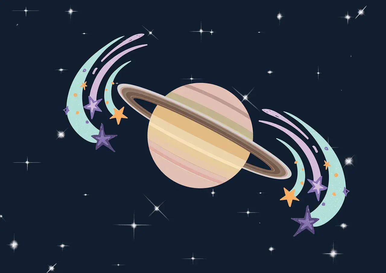En planet med ringar, likt Jupiters ringar, sv&auml;var i rymden bland glittrande stj&auml;rnor och f&auml;rgglada stj&auml;rnfall.