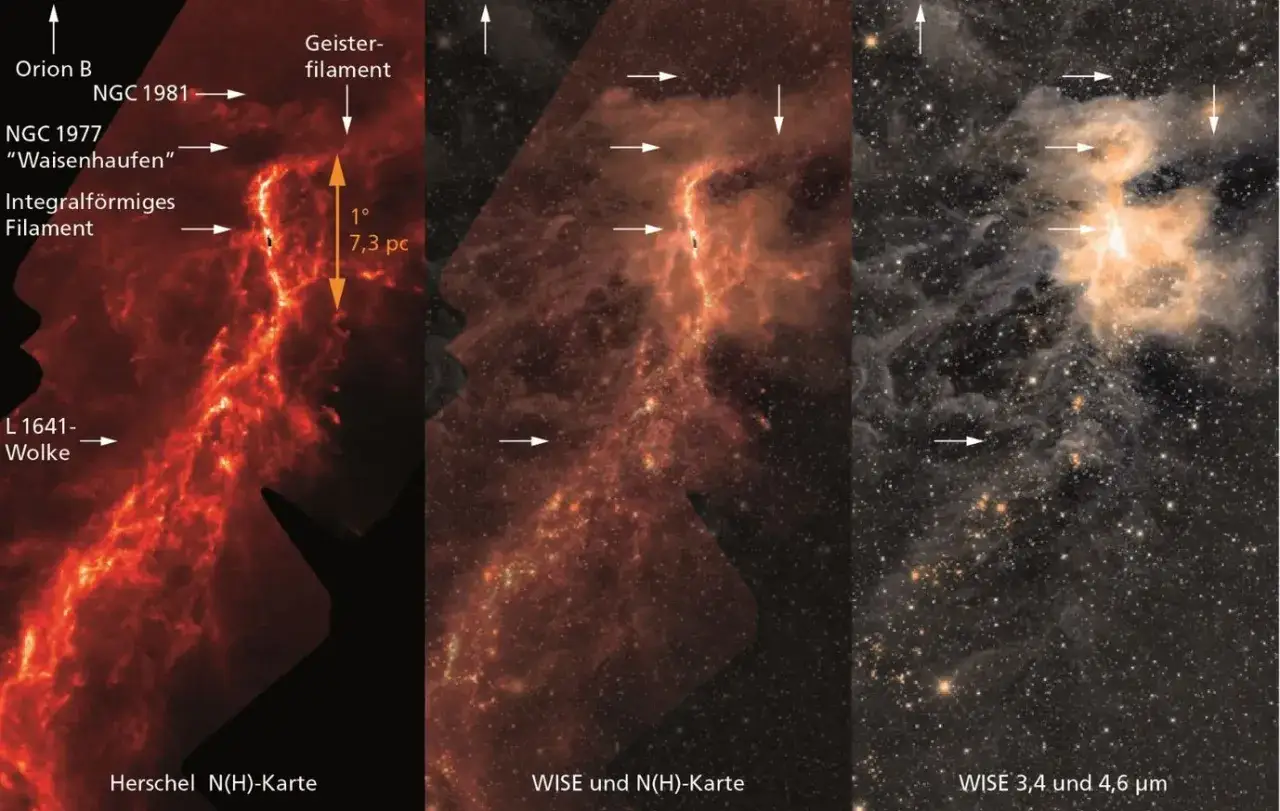 Orion nebulosan i tre olika vyer: Herschel, WISE och en kombination. Vackra gasmoln och stjärnor.
