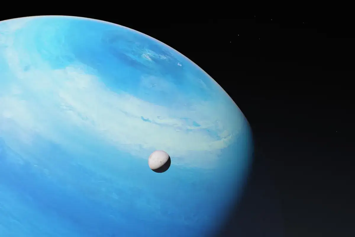 En blå planet, likt Neptunus, med virvlande moln och en liten måne i förgrunden.