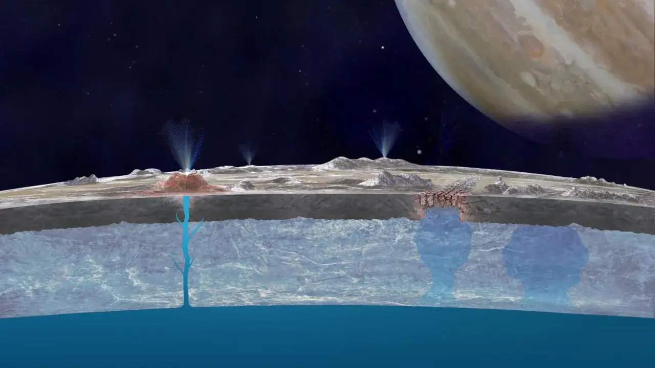 En tvärsnittsvy av en isig måne med gejsrar som sprutar vatten upp i rymden, vilket antyder möjligheten till liv i rymden under isen. Jupiter syns i bakgrunden.