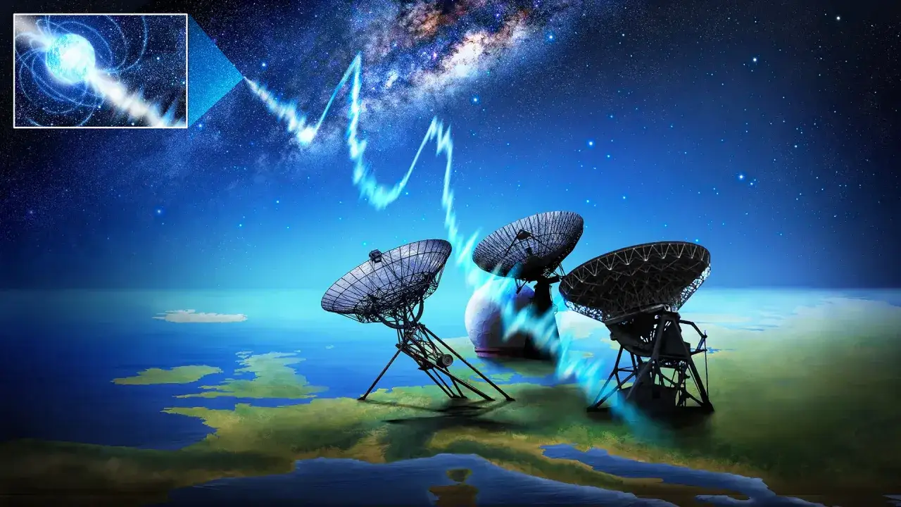 Radioteleskop f&aring;ngar upp signaler fr&aring;n en avl&auml;gsen pulsar, som reser med ljusets hastighet genom universum.