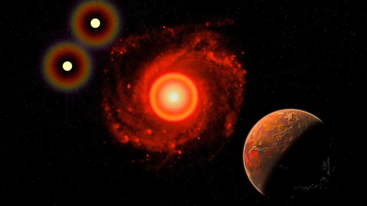En röd dvärggalax med en planet, kanske Proxima b, i förgrunden. Två ljusa stjärnor lyser i bakgrunden.