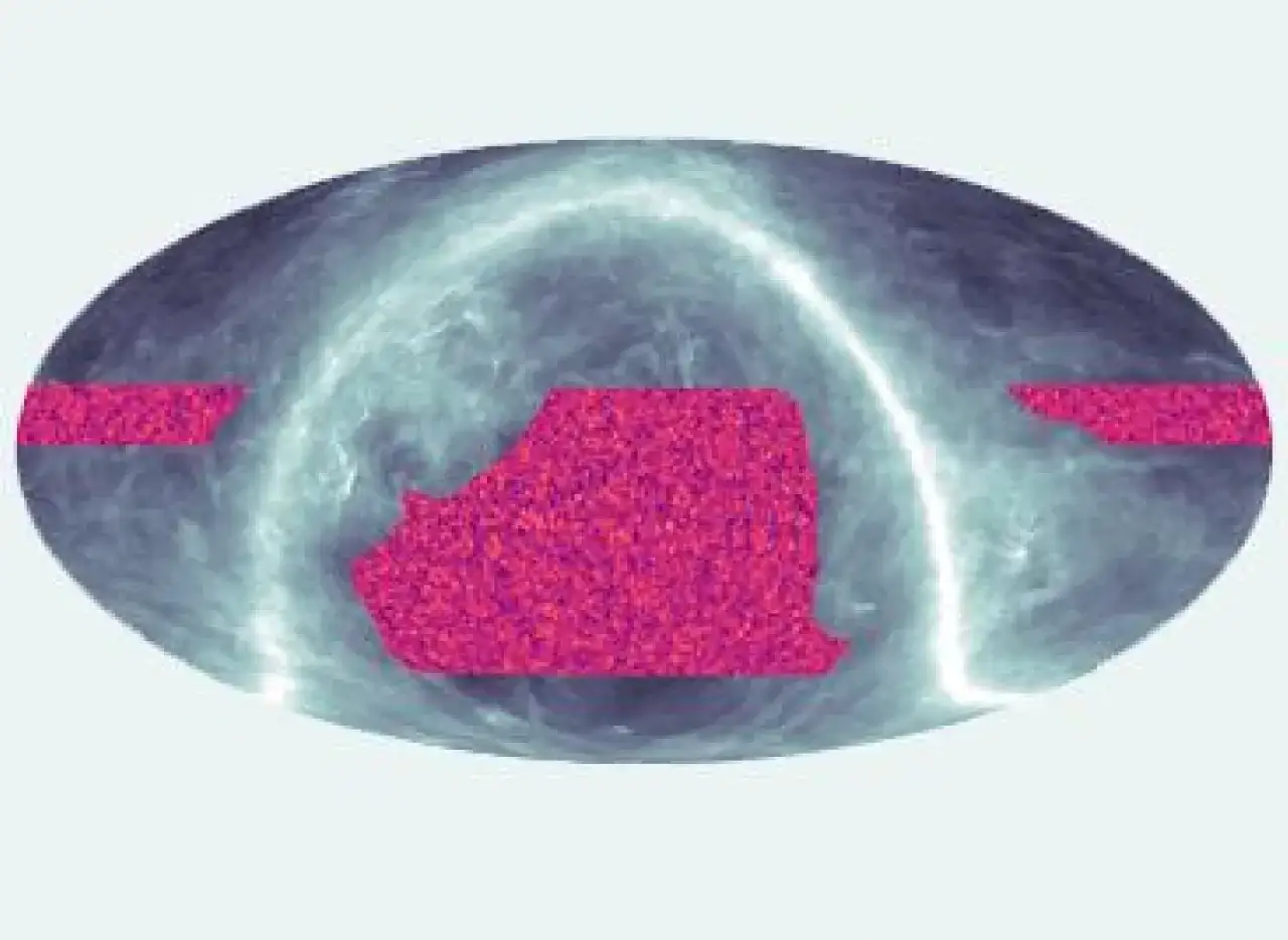 Karta &ouml;ver himlen som visar f&ouml;rdelningen av svart materia. Rosa omr&aring;den indikerar m&auml;tdata.