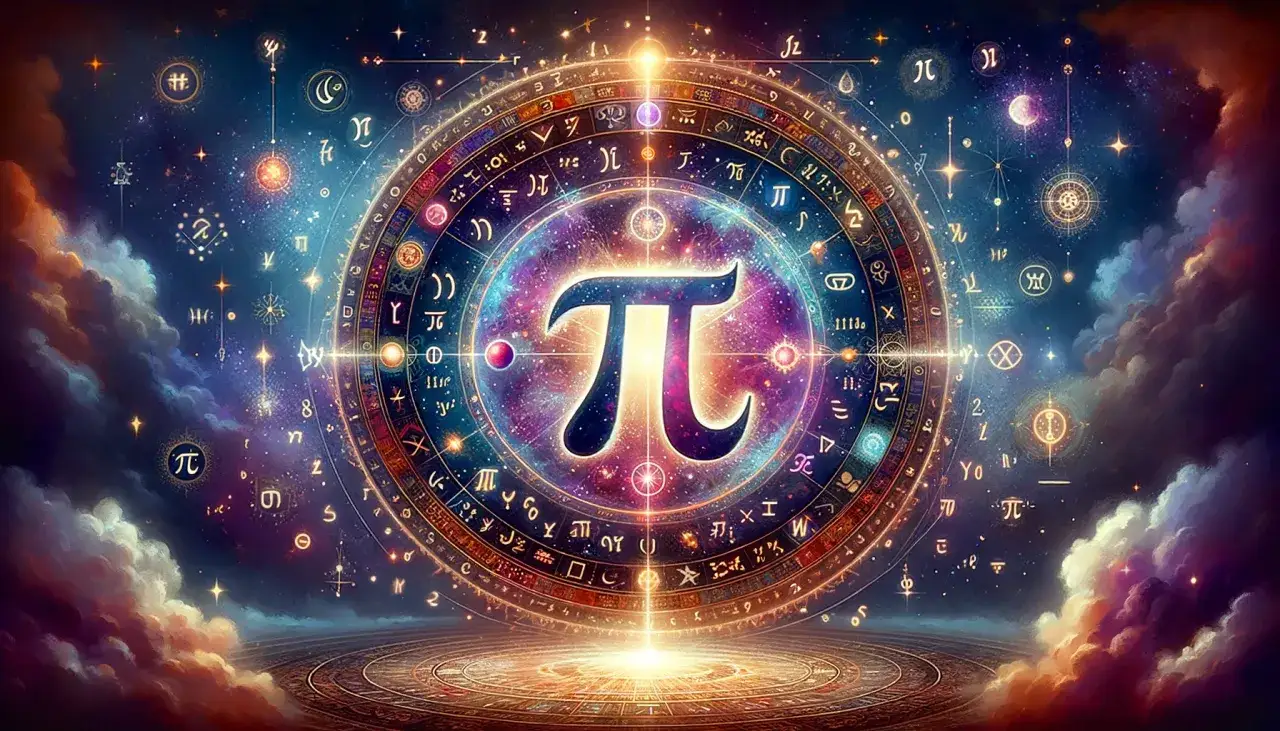 En kosmisk cirkel med pi-symbolen i mitten, omgiven av stj&auml;rnor och astrologiska tecken. En hyllning till internationella pi dagen.