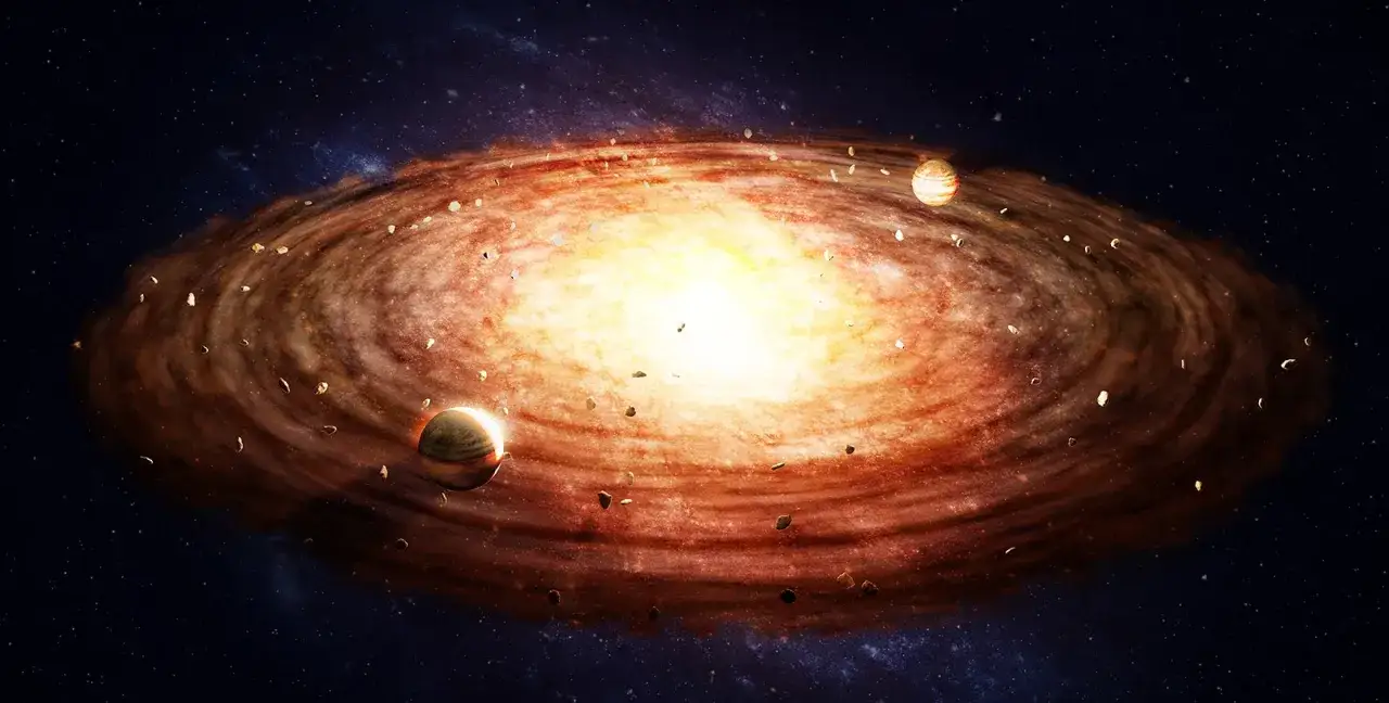 En gl&ouml;dande nebulosa, som visar hur skapades solen, med planeter och asteroider som virvlar runt.