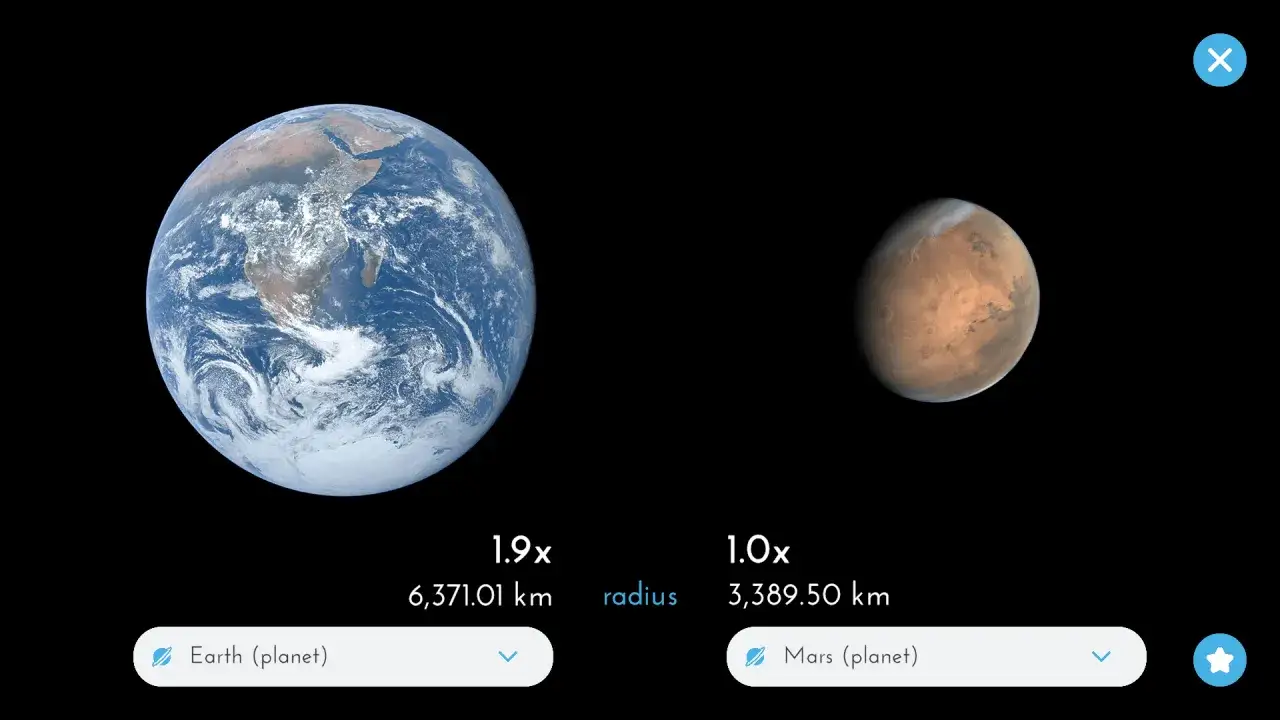 Jorden och Mars visas sida vid sida, d&auml;r Mars ser ut att vara en mindre, marsliknande v&auml;rld j&auml;mf&ouml;rt med v&aring;r bl&aring; planet.
