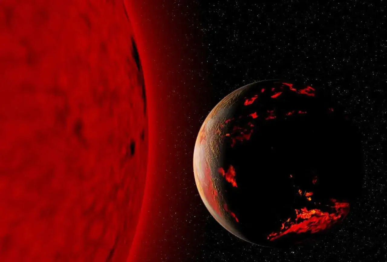 En gl&ouml;dande r&ouml;d sol n&auml;rmar sig en m&ouml;rk, gl&ouml;dande planet. En skr&auml;mmande bild som f&aring;r en att undra: kommer jorden g&aring; under?