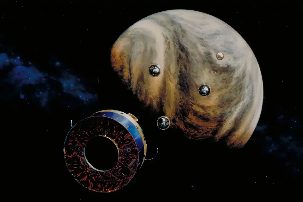 Rymdfarkost n&auml;rmar sig Venus, med flera sonder som sl&auml;pps. Fr&aring;gan 