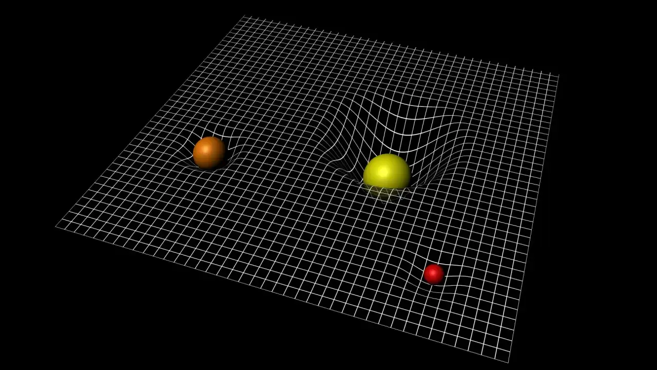 Visualisering av Einsteins teori om gravitation. Kulor på ett rutnät som böjs av deras massa, likt hur massiva objekt böjer rumtiden.
