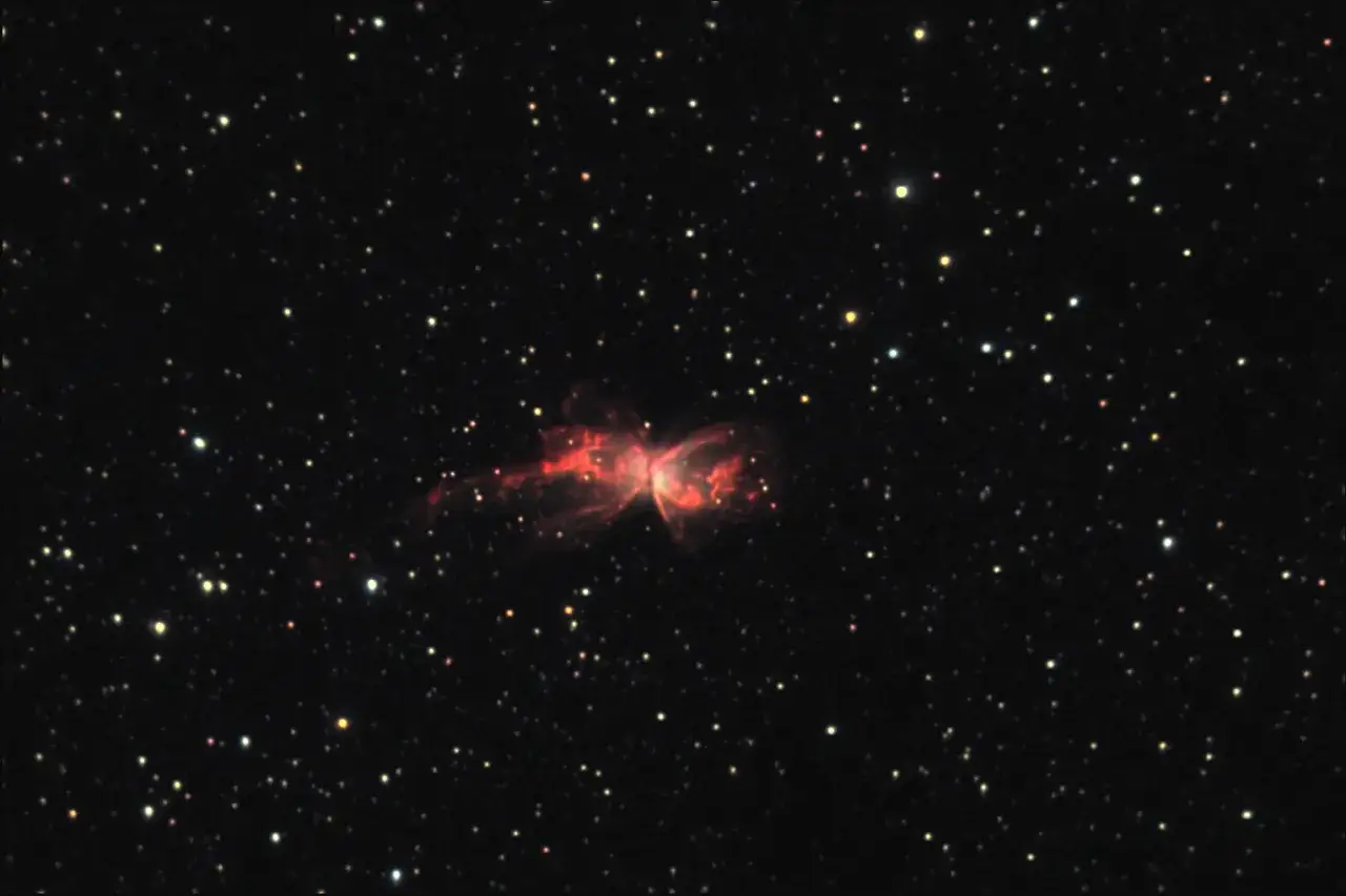 En r&ouml;daktig, fj&auml;rilsliknande nebulosa lyser i rymden, omgiven av otaliga stj&auml;rnor.