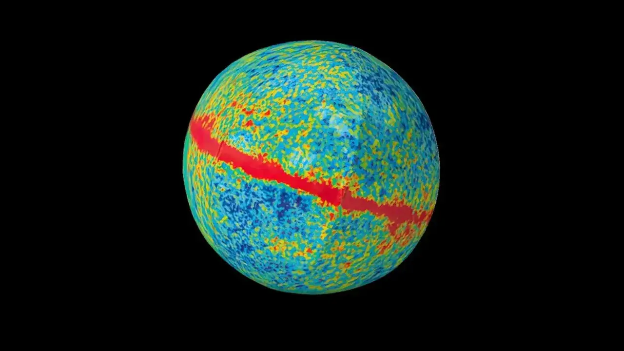 En f&auml;rgglad karta &ouml;ver den kosmiska bakgrundsstr&aring;lningen, som visar hur universum best&aring;r av sm&aring; temperaturvariationer.