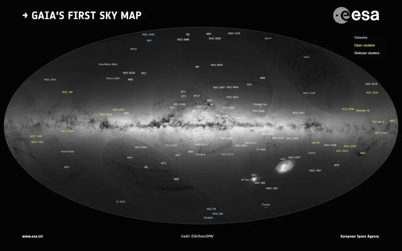 Gaia-kartan visar Vintergatan och dess omgivningar, med galaxer och stj&auml;rnhopar markerade. En fantastisk &ouml;versikt fr&aring;n Gaia-rymduppdraget.