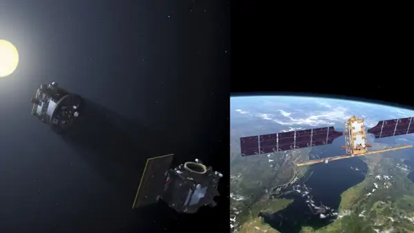 Två rymdfarkoster, en nära solen, den andra över jorden, representerar ett europeiskt satellitsystem.