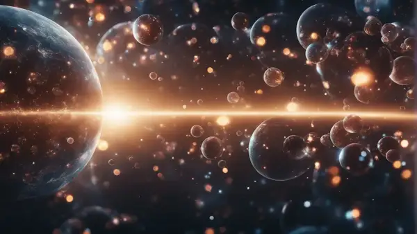En glödande horisont delar upp en myllrande rymd av planeter och nebulosor, som bubblor i parallella universum.