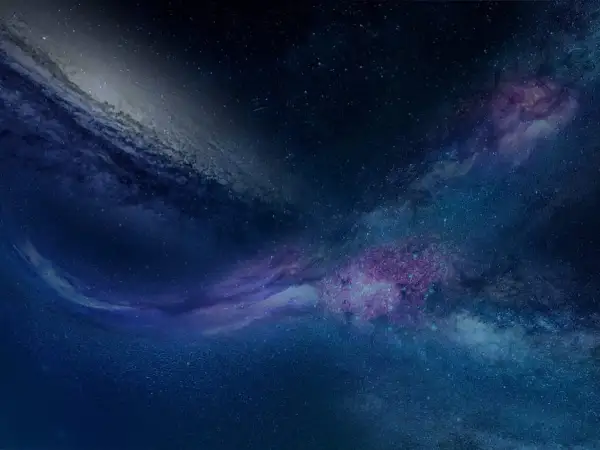 En djupblå rymd med virvlande nebulosor i lila och turkost, som påminner om den kosmiska bakgrundsstrålningen.