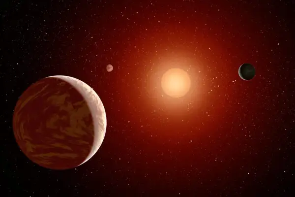 En konstnärlig representation av rymden med en stor, rödbrun planet i förgrunden. I bakgrunden syns en orange sol, en mindre planet och en grönaktig planet, kanske Proxima b, bland stjärnor.