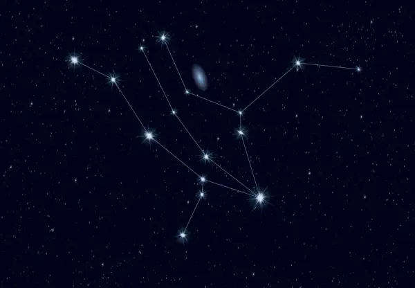 A constellation of stars connected by lines, with a faint galaxy in the background.
