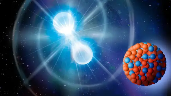 Två lysande objekt kolliderar i rymden, vilket skapar en våg av energi. Bredvid syns en modell av en atomkärna, en del av det kosmiska kretsloppet.