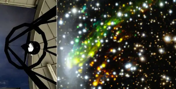Teleskopets inre struktur mot en mörk himmel. Bredvid, en färggrann nebulosa med stjärnor, som får oss att undra hur många galaxer som finns där ute.
