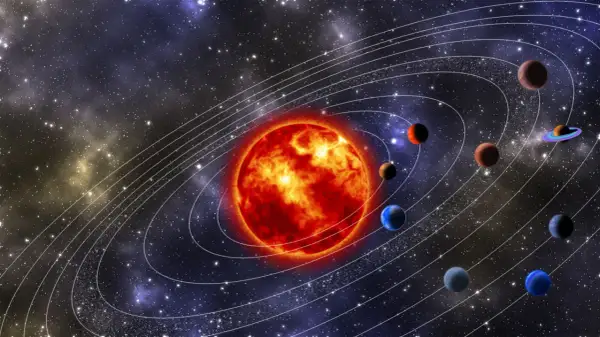 En sol med planeter i omloppsbana. Bilden ger en känsla av hur många planeter som finns i universum, även om det bara är ett solsystem som visas.