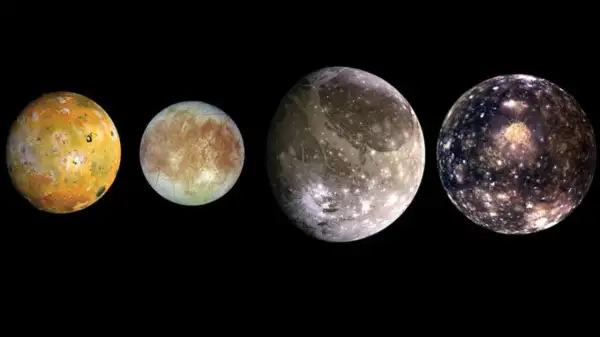 De galileiska månarna Io, Europa, Ganymedes och Callisto visas i rad mot en svart bakgrund.