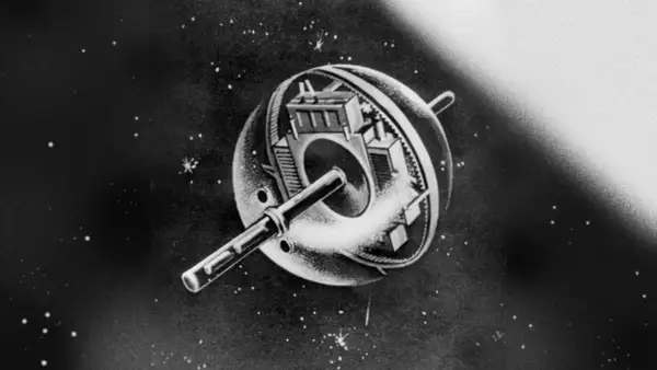 Sputnik 1, en ikonisk sfärisk satellit med synliga inre komponenter, svävar bland stjärnorna.