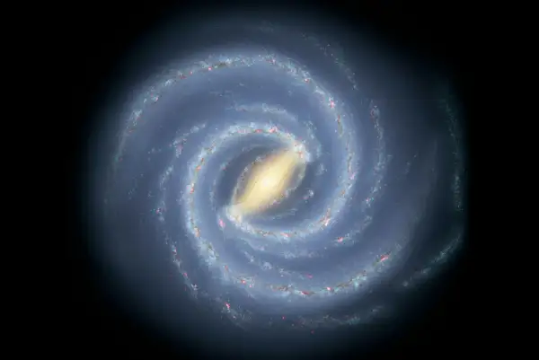En bild av Vintergatan, vår galax, med dess spiralarmar fyllda av stjärnor och gas. Solens hastighet är otrolig när den kretsar kring galaxens centrum.