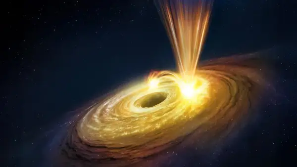 En svart hål som slukar materia, skapar en glödande ackretionsskiva och jetstrålar. Astrofysik i ljusets hastighet.